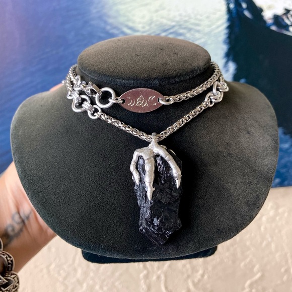 Black raw natural tourmaline gemstone electroplated charm steel boho necklace . - Picture 8 of 12